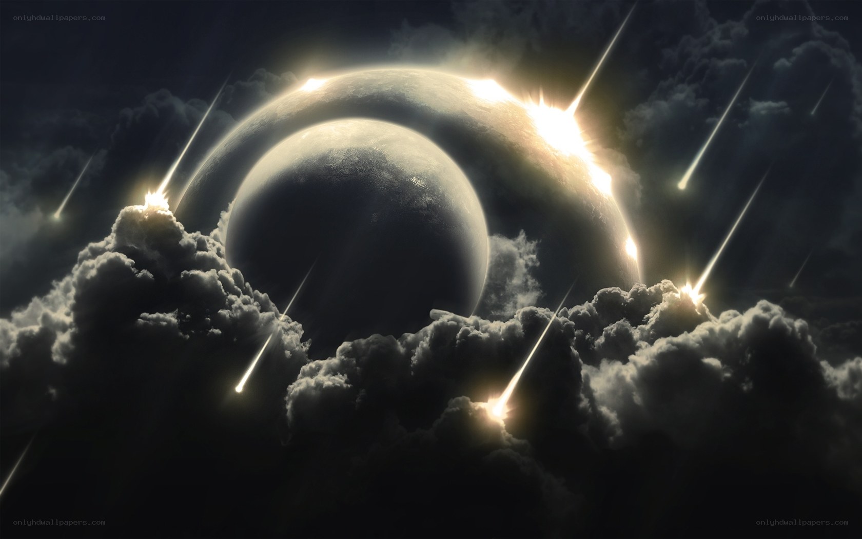 Meteor shower over planets