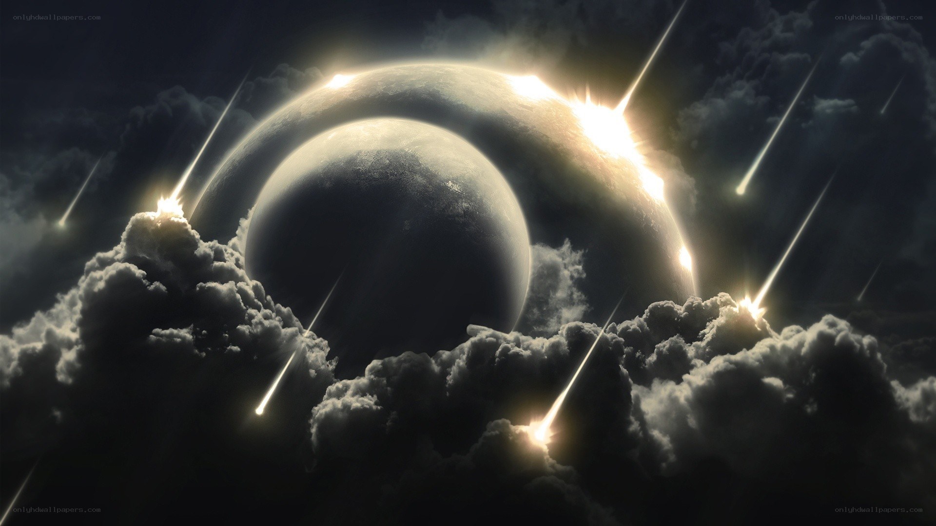 Meteor shower over planets