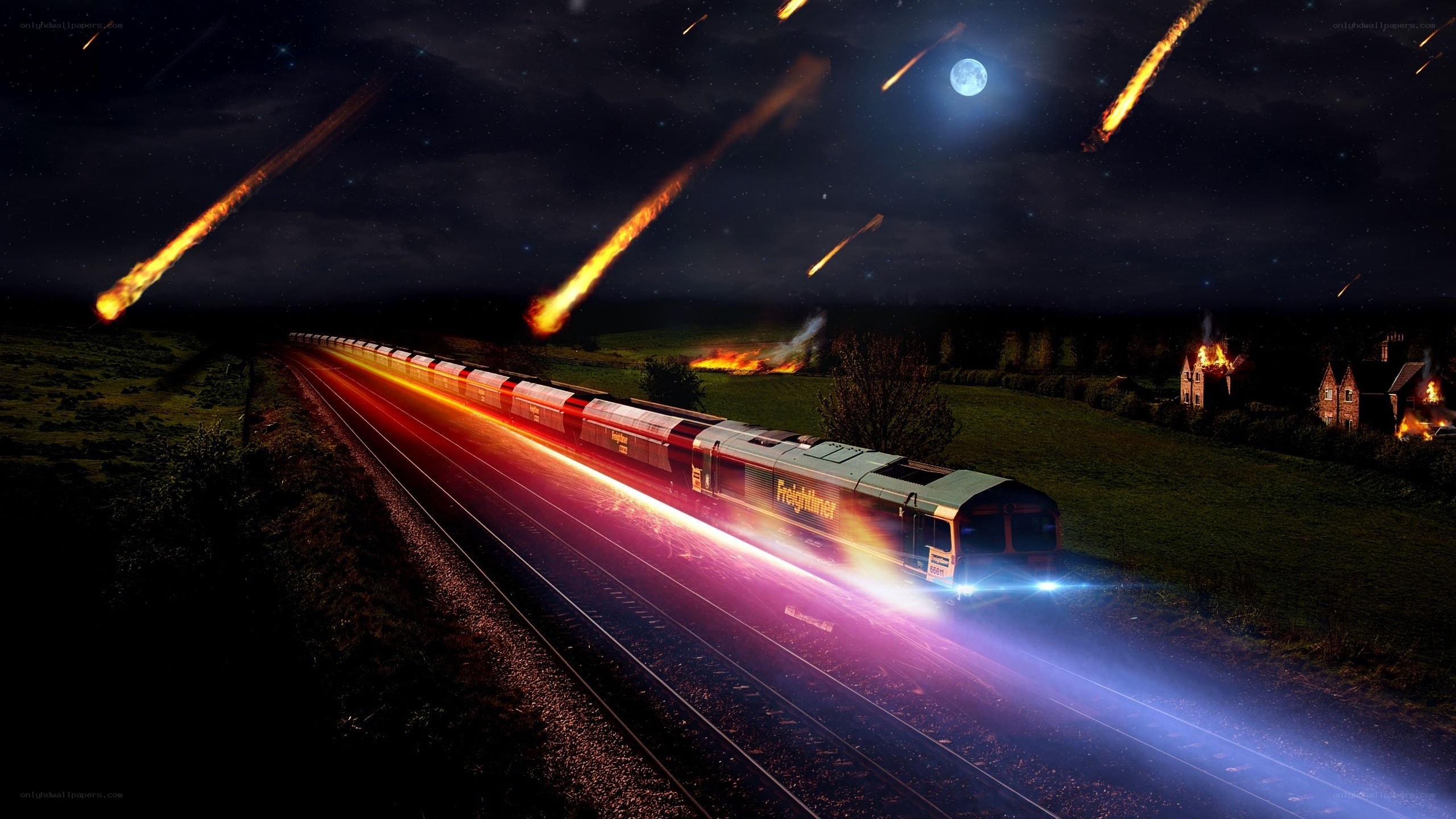 Meteor shower over train