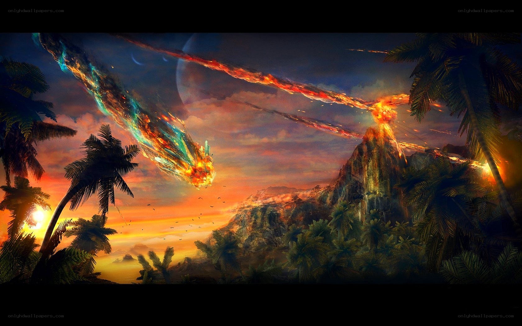 Meteor shower over volcanic island