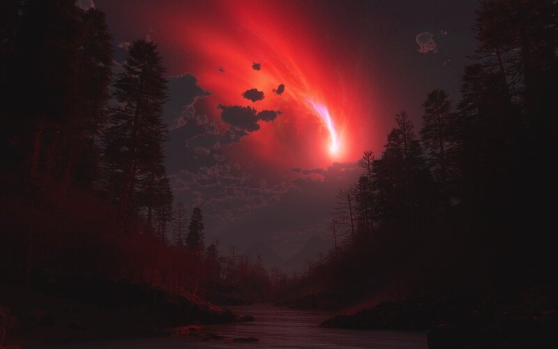 Meteor Streaking Across Sky — Red, Dramatic