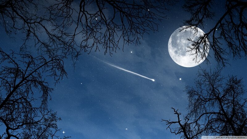Meteor Streaking Past Moon — Blue, Serene
