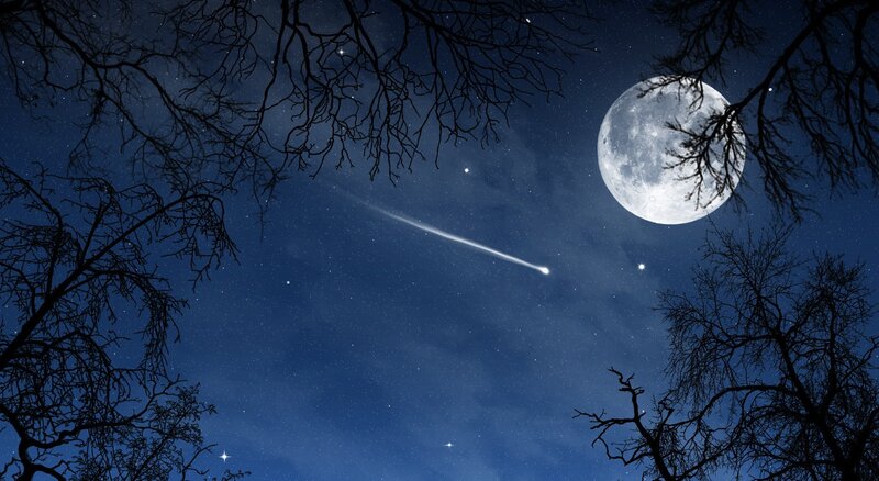 Meteor Streaking Past Moon — Blue