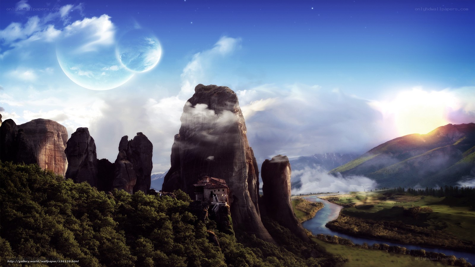 Meteora landscape with moon
