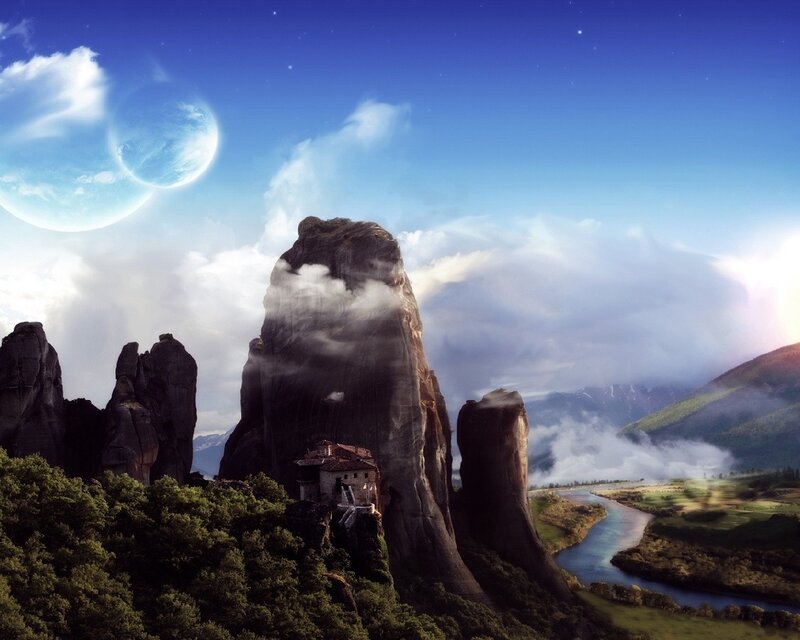 Meteora landscape with planet
