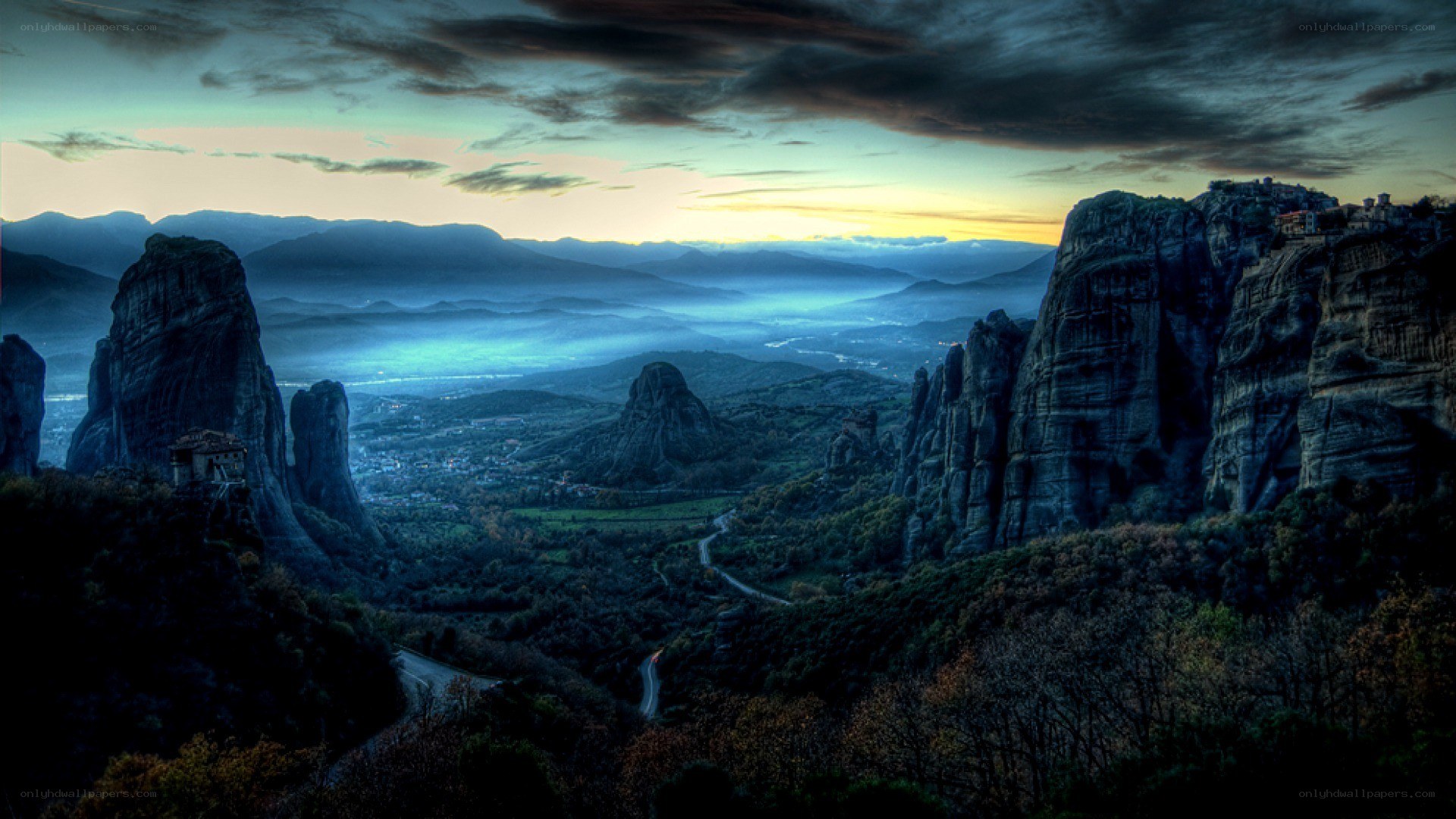 Meteora rock formations at sunset