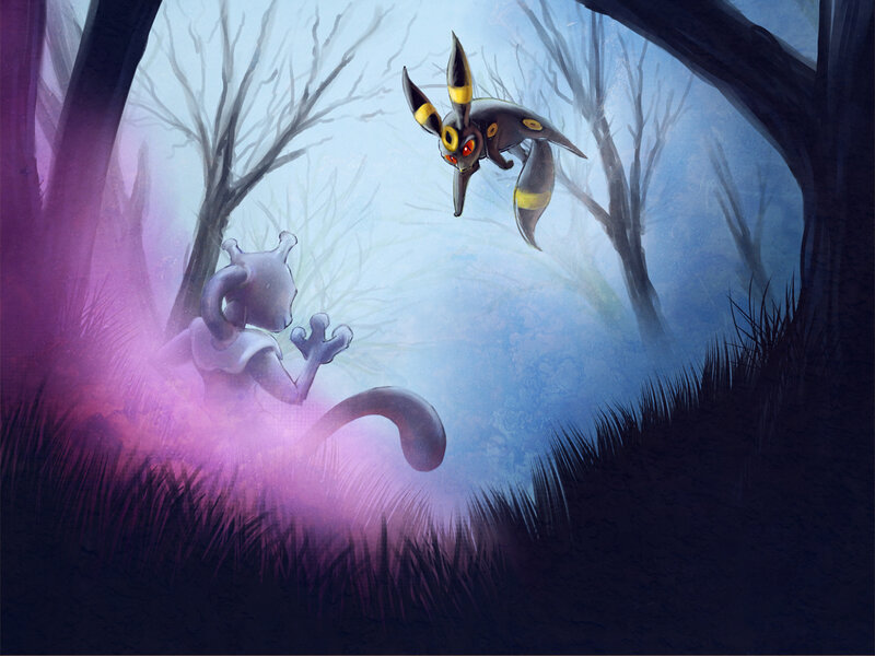 Mew and Umbreon in a misty forest