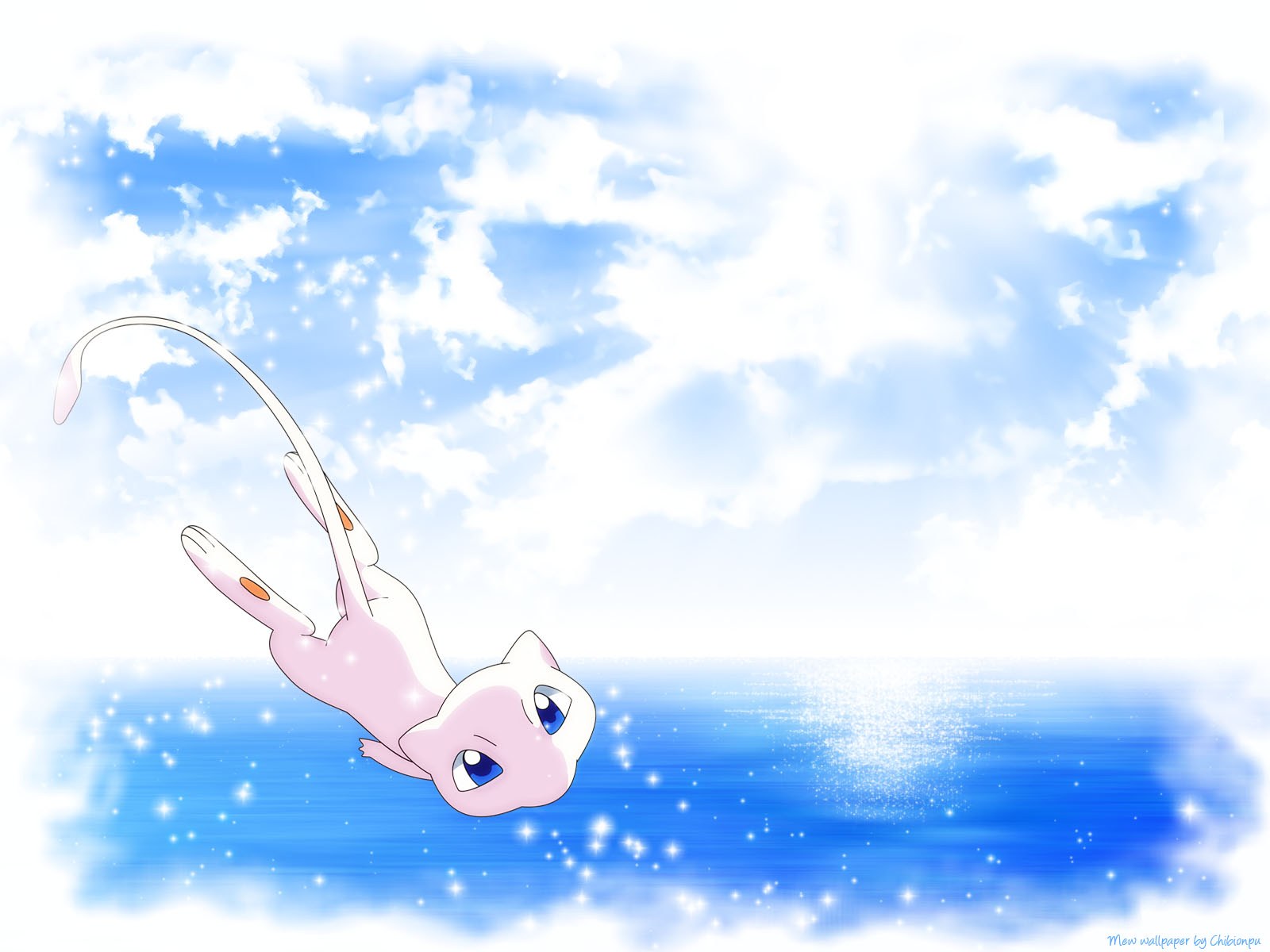 Mew flying over the ocean