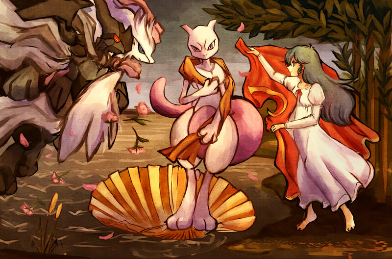 Mewtwo and a girl in a garden