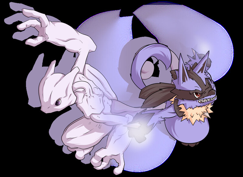 Mewtwo and Lucario in battle