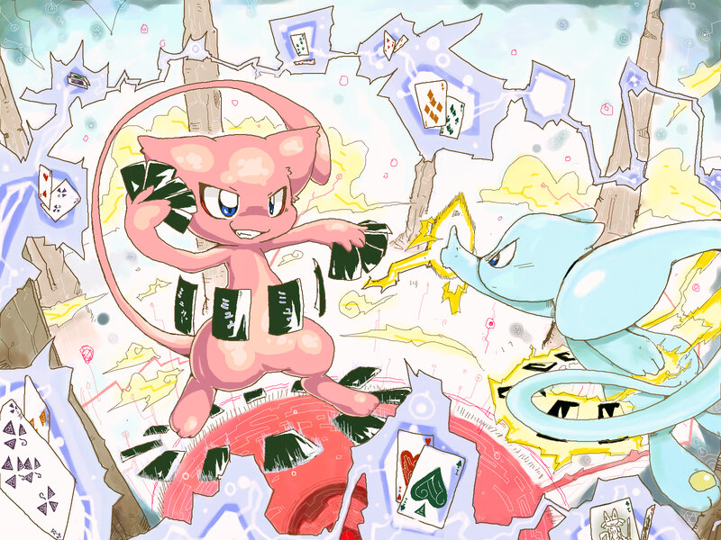 Mewtwo and Mew battle with cards