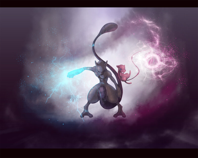 Mewtwo and Mew in a cosmic battle