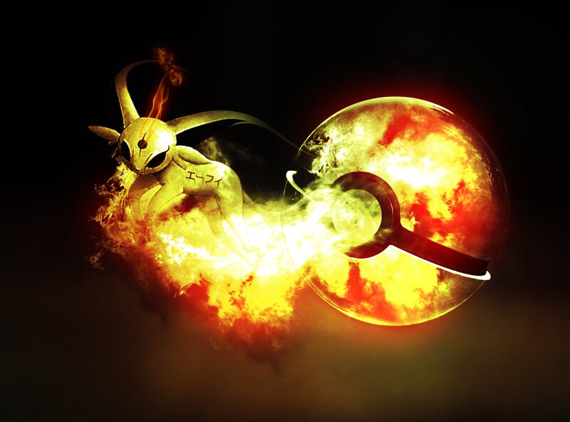 Mewtwo and Poké Ball in flames