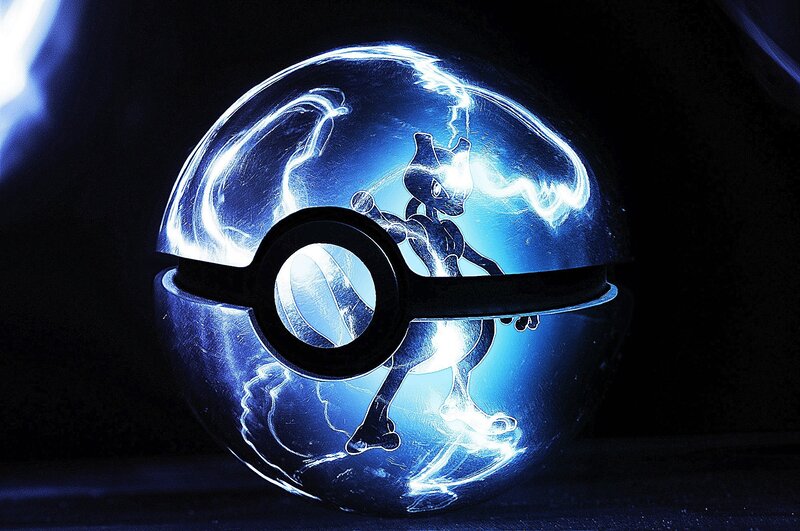 Mewtwo in a Poké Ball — Blue, Dramatic, Digital Art