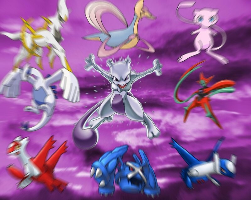 Mewtwo surrounded by legendaries