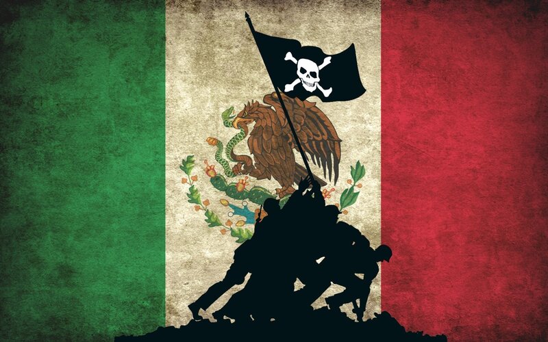 Mexican flag with pirate symbol