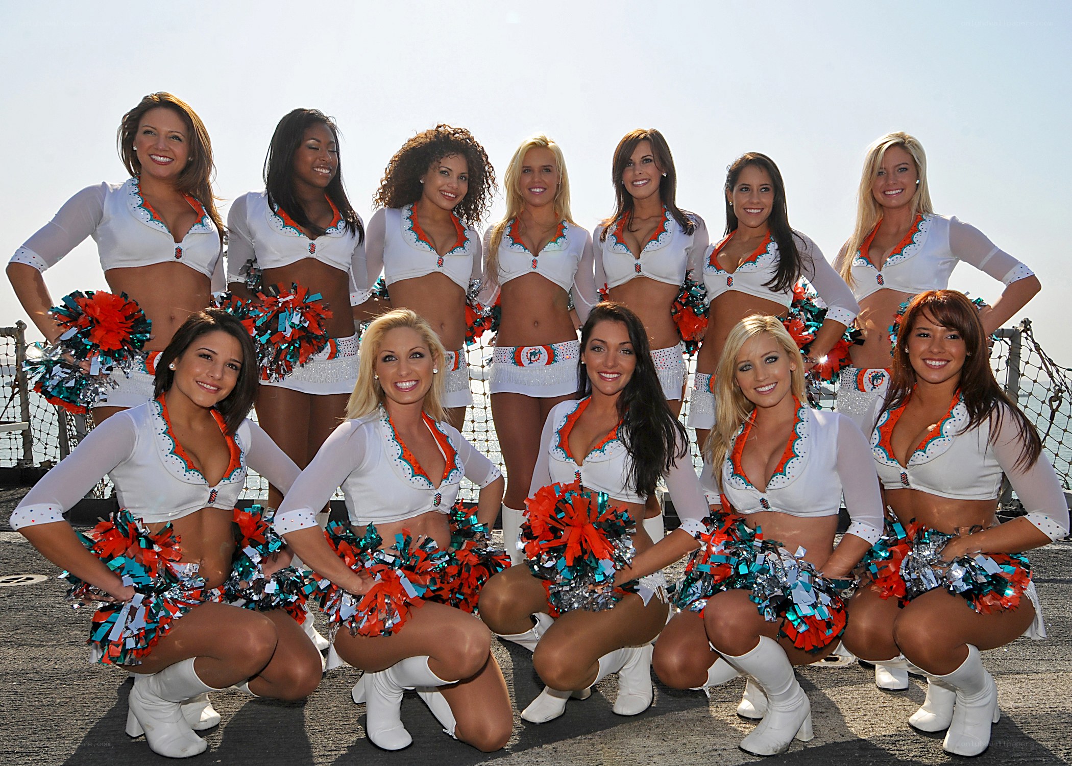 Miami Dolphins cheerleaders on ship deck