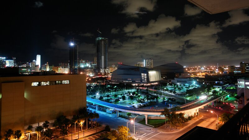 Miami night skyline view
