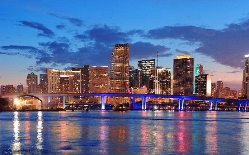 Miami Skyline at Dusk — Blue, Dramatic, Night, Photograph, Bridge