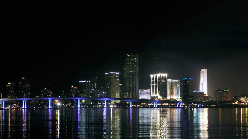 Miami Skyline at Night — Black, Calm, Photograph, Bridge, Skyscrapers