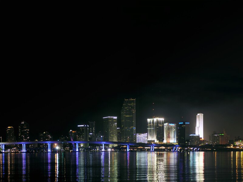 Miami Skyline at Night — Black, Calm, Photograph, Skyscraper, Bridge, Water