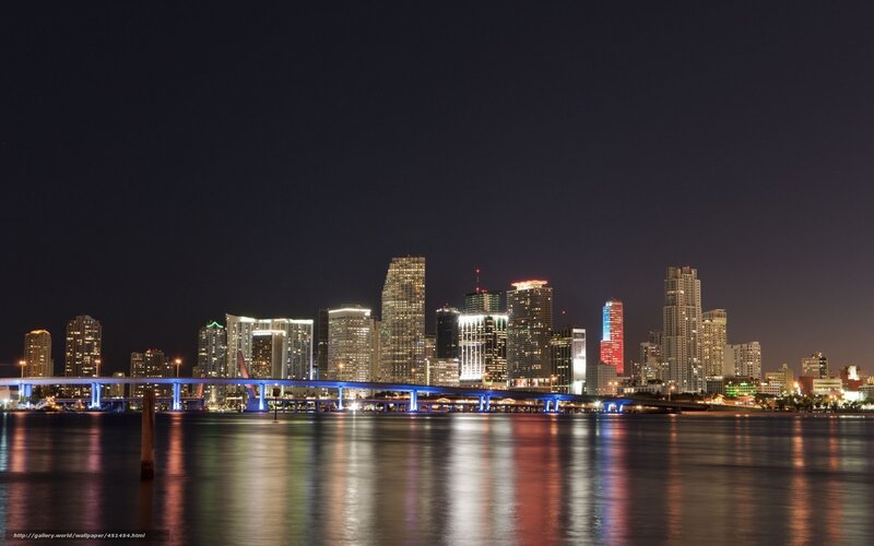 Miami Skyline at Night — Black, Calm, Photograph, Skyscraper