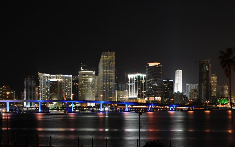 Miami Skyline at Night — Black, Calm, Photograph