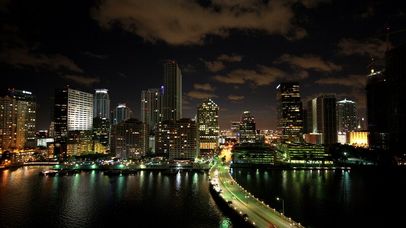 Miami Skyline at Night — Black, Dramatic, Photograph