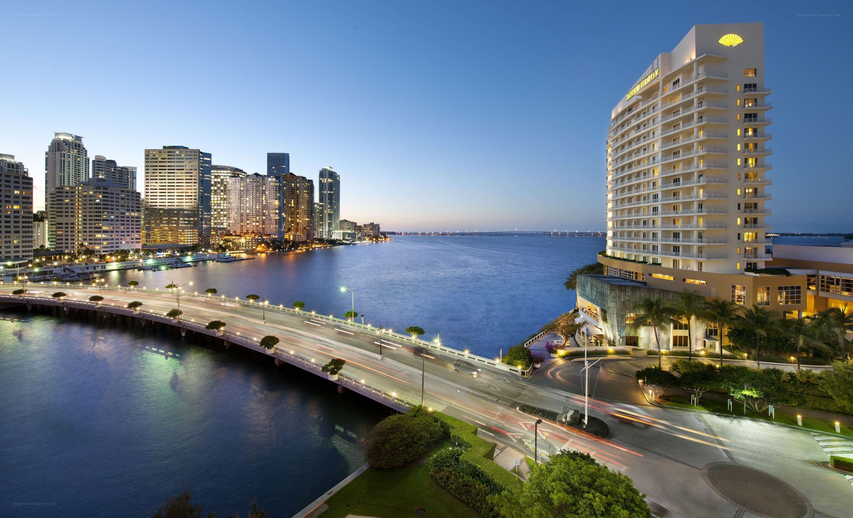 Miami waterfront cityscape at dusk