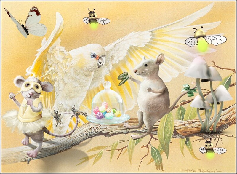 Mice and Bird on Branch