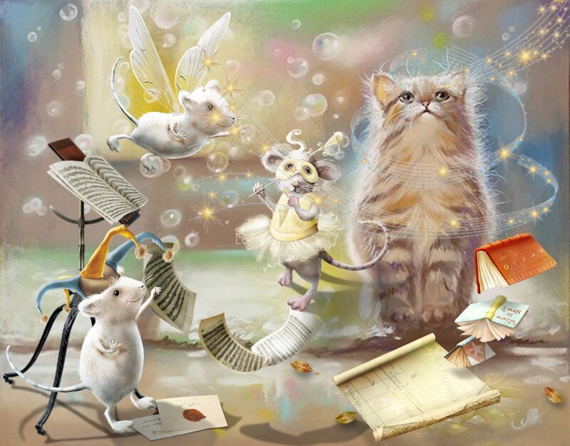 Mice and Cat in Fantasy Scene