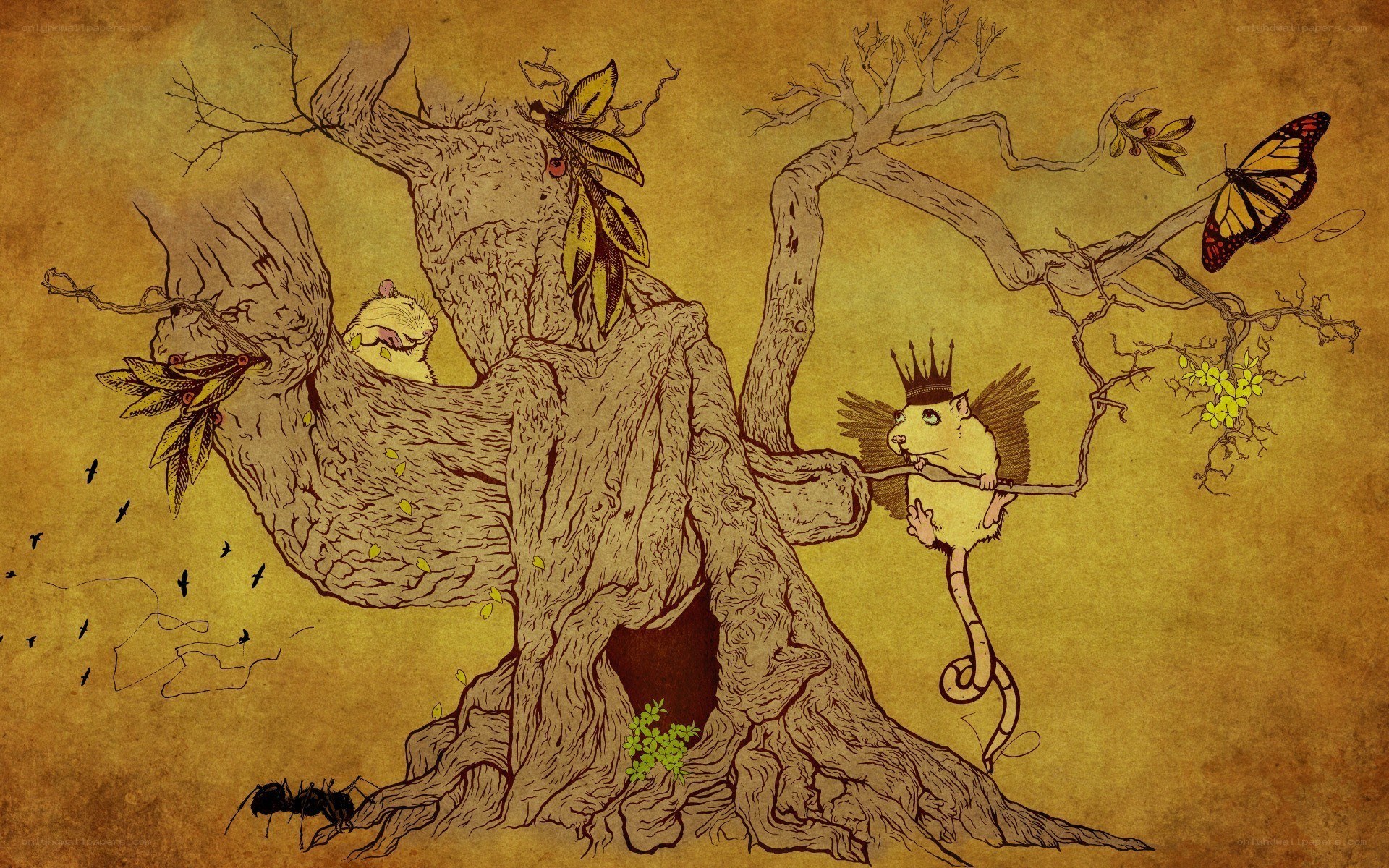 mice in a tree with butterfly