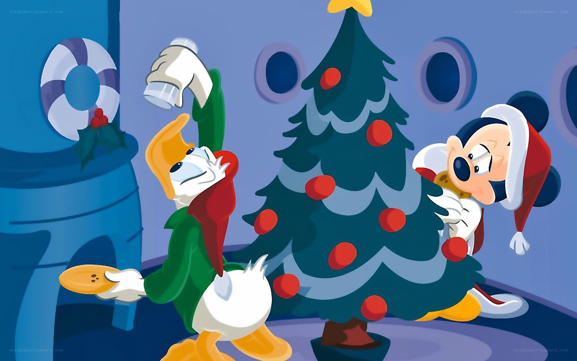 Mickey and Donald decorating a tree