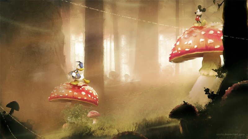 Mickey and Donald in a mushroom forest