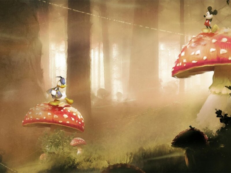 Mickey and Donald in a mushroom forest