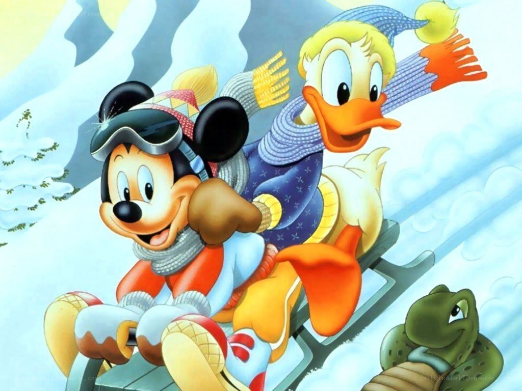 Mickey and Donald sledding