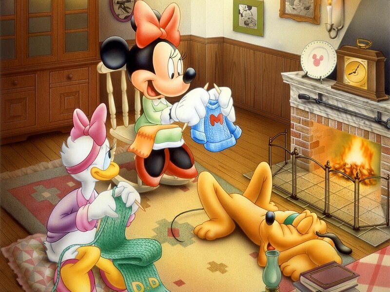 Mickey and friends knitting by fireplace