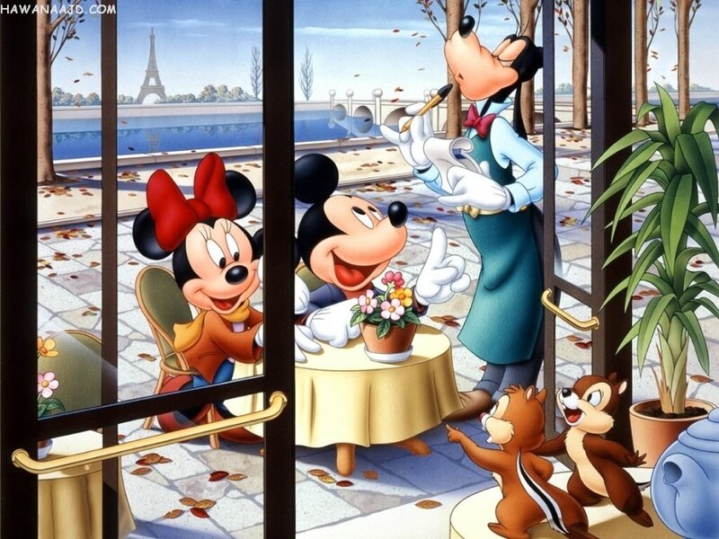 Mickey and Minnie at a Paris cafe