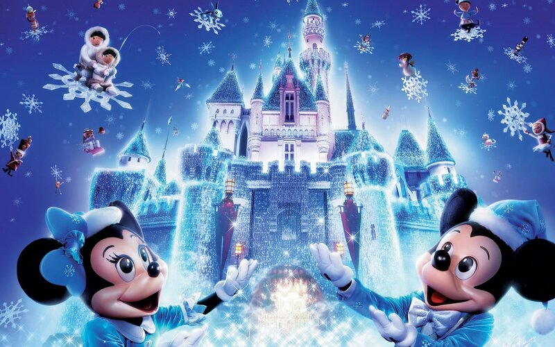 Mickey and Minnie Mouse — Blue, Festive, Winter, Digital Art, Castle, Snowflakes, Characters