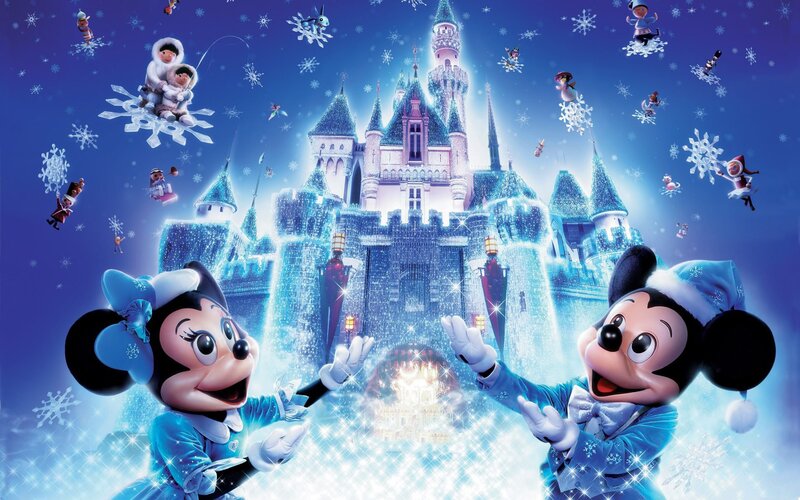 Mickey and Minnie Mouse — Blue, Festive, Winter, Digital Art, Castle, Snowflakes