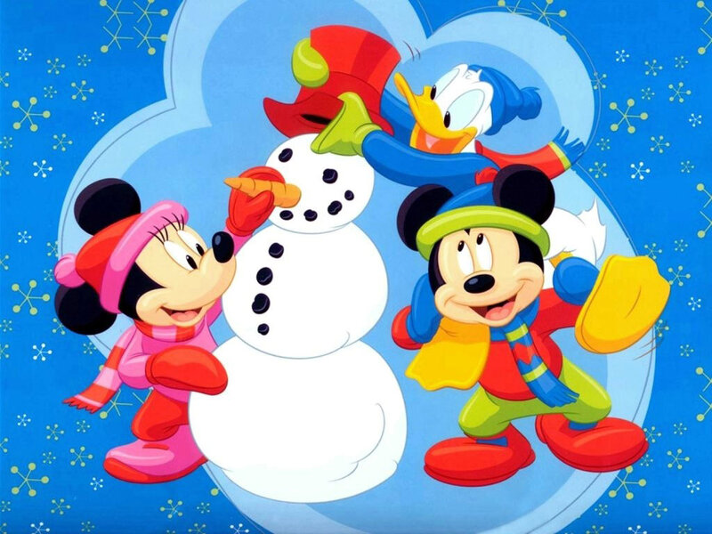 Mickey and Minnie Mouse Building Snowman
