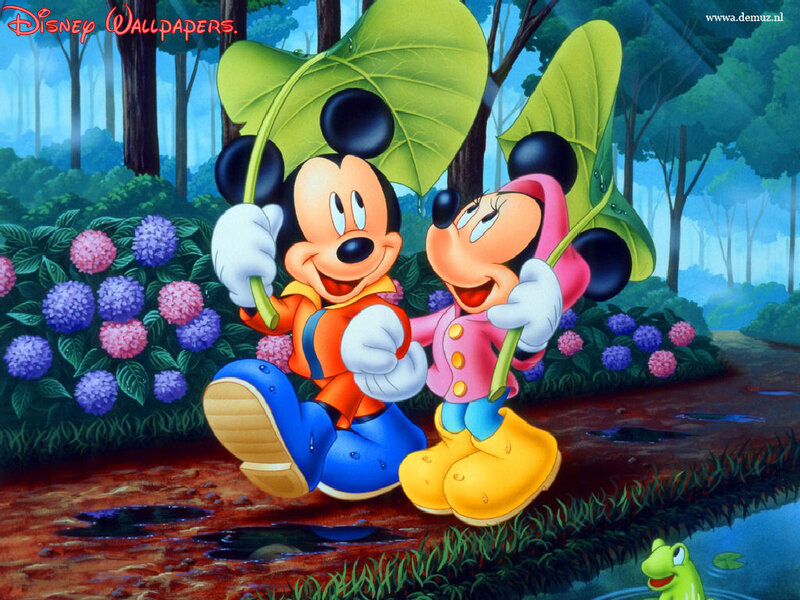 Mickey and Minnie Mouse — Green, Cheerful, Spring, Illustration, Flowers