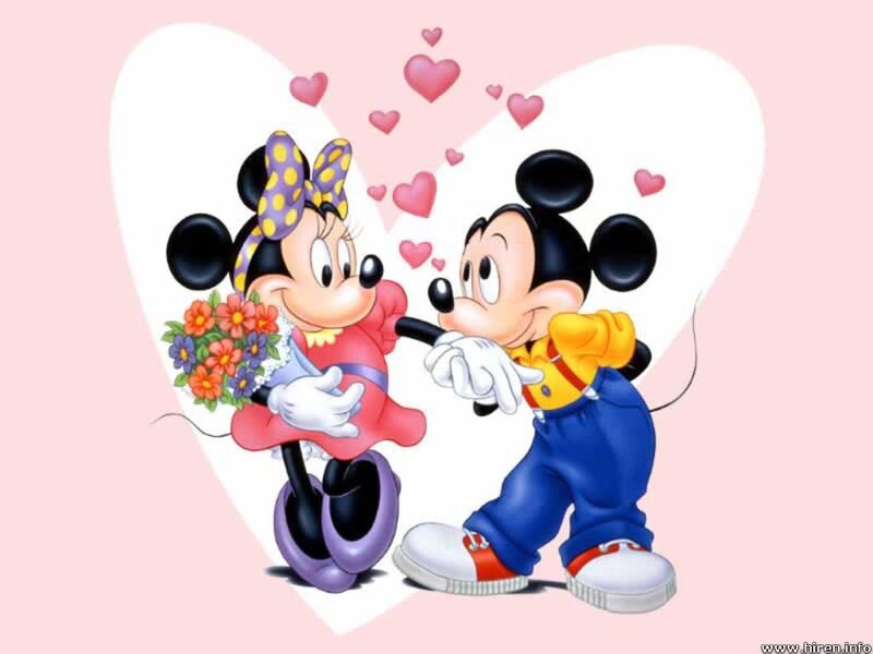 Mickey and Minnie Mouse — Pink, Romantic, Illustration, Flowers, Heart