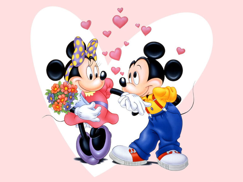 Mickey and Minnie Mouse — Pink, Romantic, Illustration, Flowers