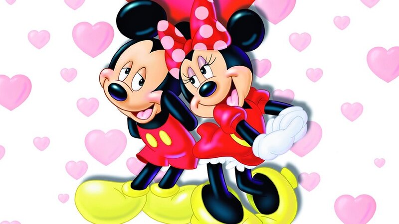 Mickey and Minnie Mouse — Pink, Romantic, Illustration, Hearts