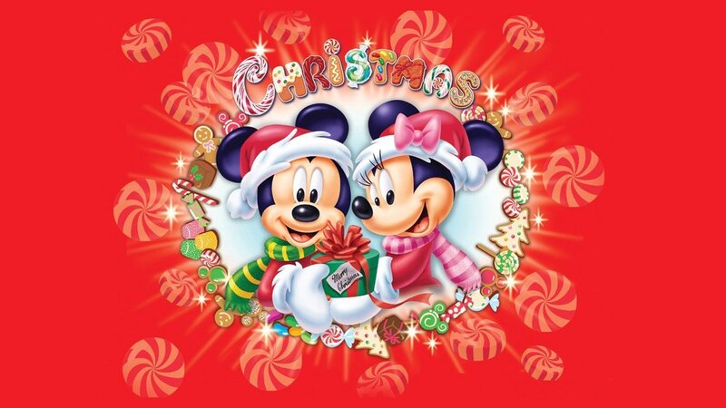 Mickey and Minnie Mouse — Red, Festive, Winter, Digital Art, Santa Hats, Candy