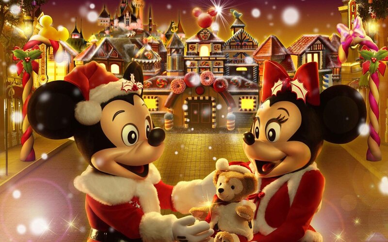 Mickey and Minnie Mouse — Red, Festive, Winter, Digital Art, Santa Hats, Teddy Bear, Candy Canes, Snow
