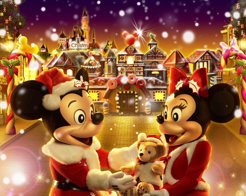 Mickey and Minnie Mouse — Red, Festive, Winter, Digital Art, Santa Hats