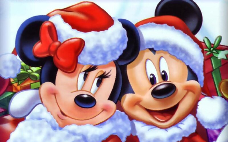 Mickey and Minnie Mouse — Red, Festive, Winter, Illustration, Santa Hats