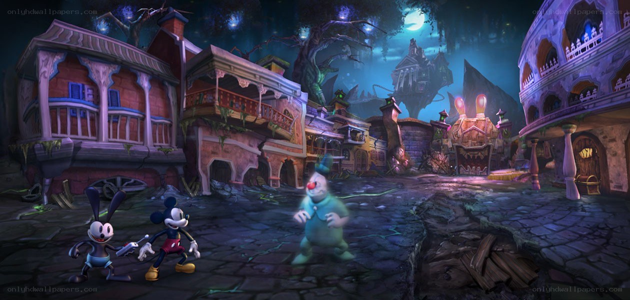 Mickey and Oswald in a spooky town